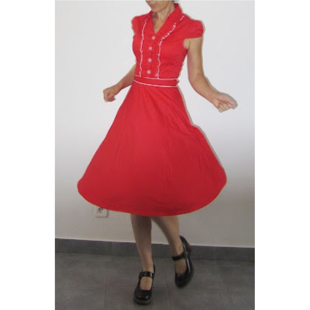 Lindy Bop Norma Dress Red Ruffle Rockabilly Swing‎ Flower Buttons16